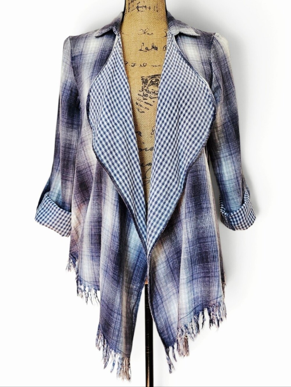 Hem & Thread Boho Coastal Women's Plaid Fringe Open Front Shirt Shacket, Size S